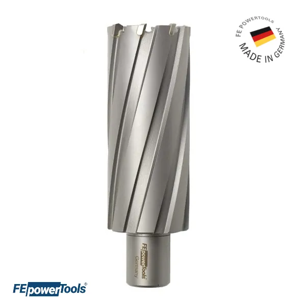Fresa anular FE Powertools FET 75 TCT con puntas de carburo para perforación de metal de 75mm de profundidad.